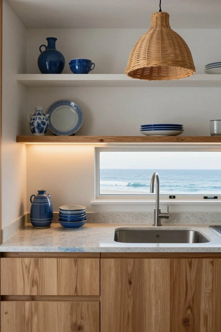 Small kitchen featuring open wooden shelves with blue vases, bowls, and plates, wooden cabinets, white quartz countertop, stainless sink under a window overlooking the ocean, and a rattan pendant light.