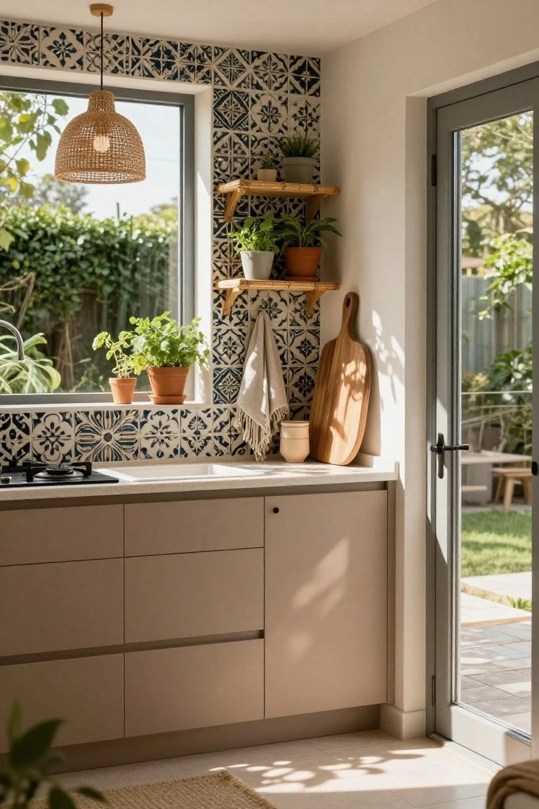 Kitchen corner with blue and white patterned tile backsplash around window and sink, beige cabinets, gas stove, white countertop, potted plants, wooden board, and glass door to backyard garden.