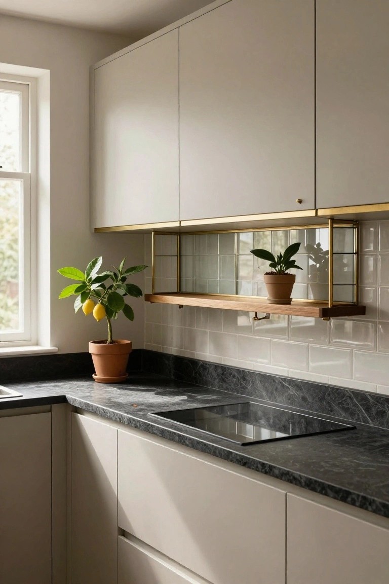 Compact kitchen corner with light beige cabinets, black marble countertop and induction cooktop, white subway tile backsplash featuring a brass-framed shelf with potted plants, and a lemon tree in a terracotta pot on the counter near a window.