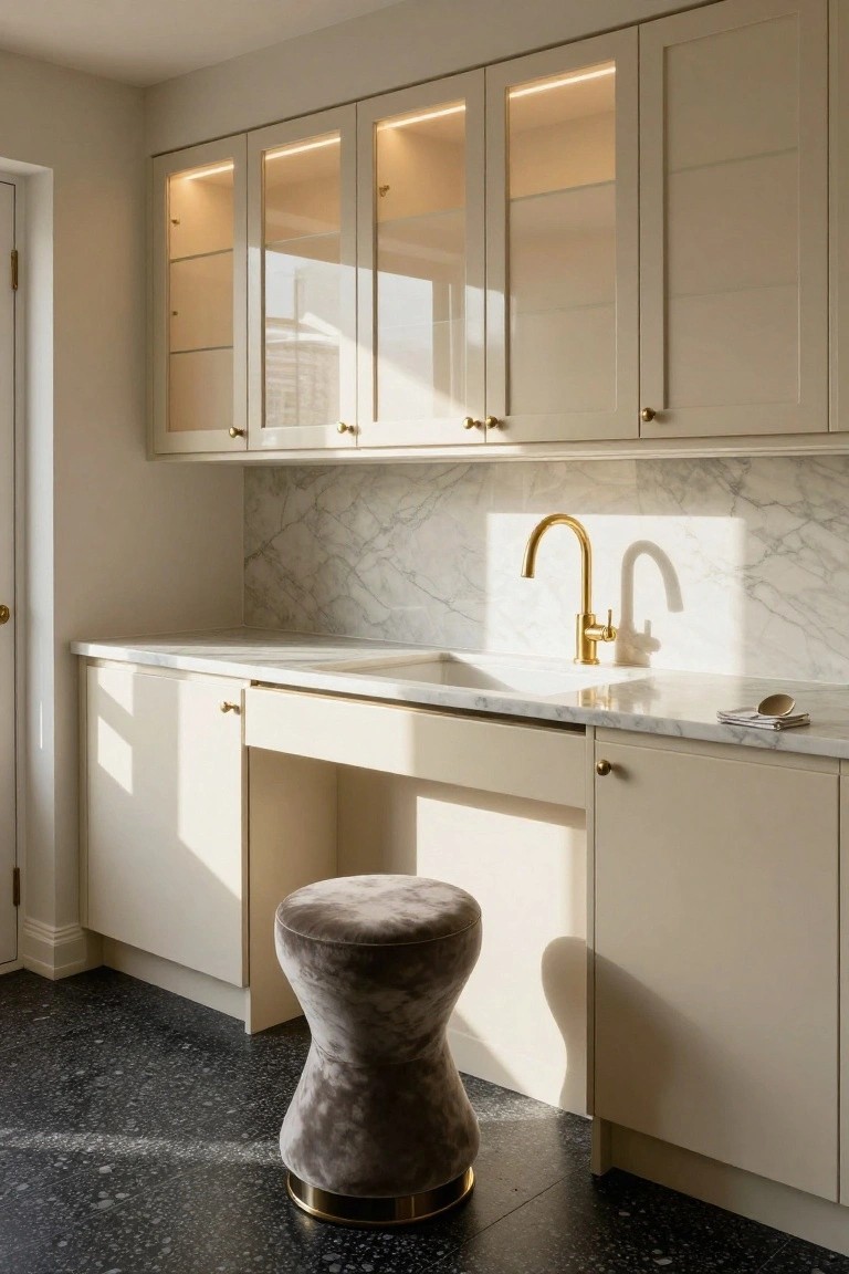 Compact kitchen with light beige cabinets, glass-front uppers with LED lighting, white marble countertop and backsplash, gold faucet at sink, gray velvet stool under counter, and black terrazzo tile floor.