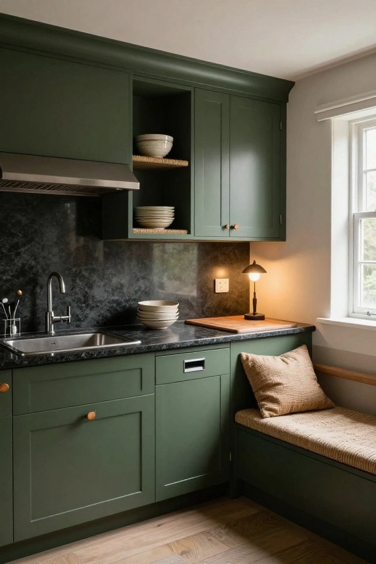 Small corner kitchen with deep green shaker-style cabinets, black granite countertops, stainless steel sink and range hood, open shelves holding dishes, and built-in wooden bench with beige cushions.