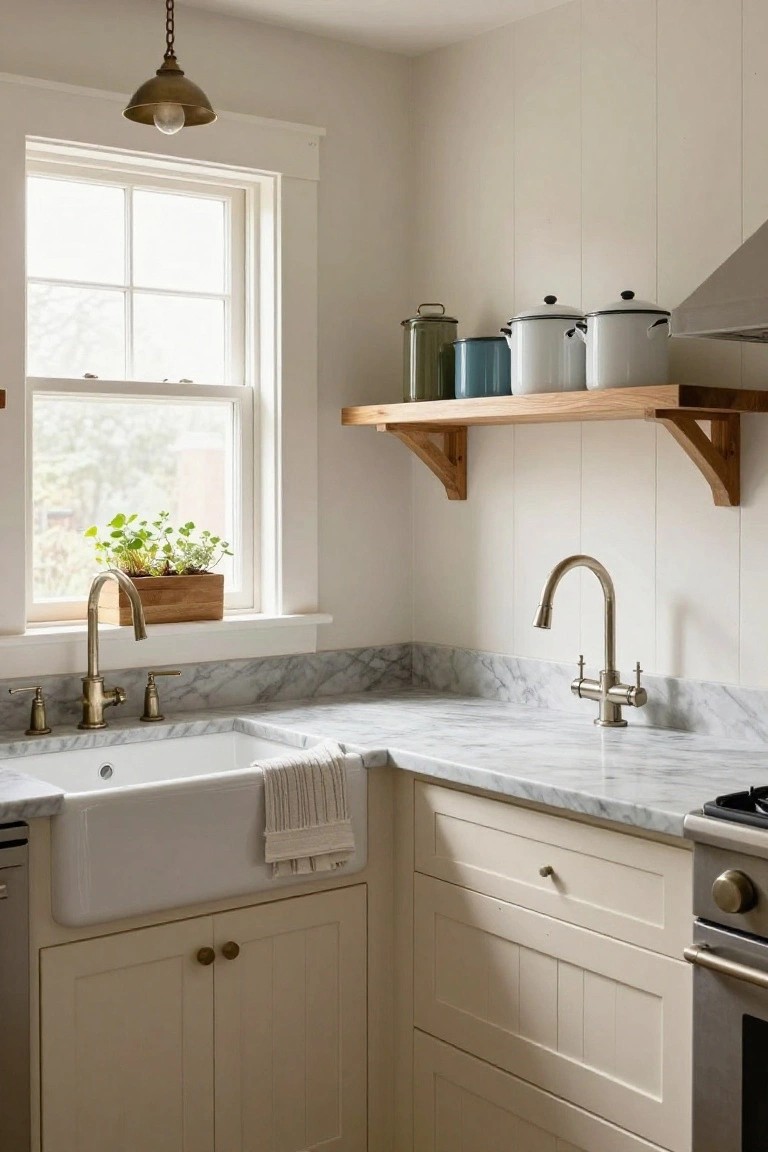 A compact corner kitchen with a large white apron-front farmhouse sink, gray marble countertop, cream shaker-style cabinets, brass faucet and hardware, open wooden shelves holding enameled pots, and a wooden window box with herbs.