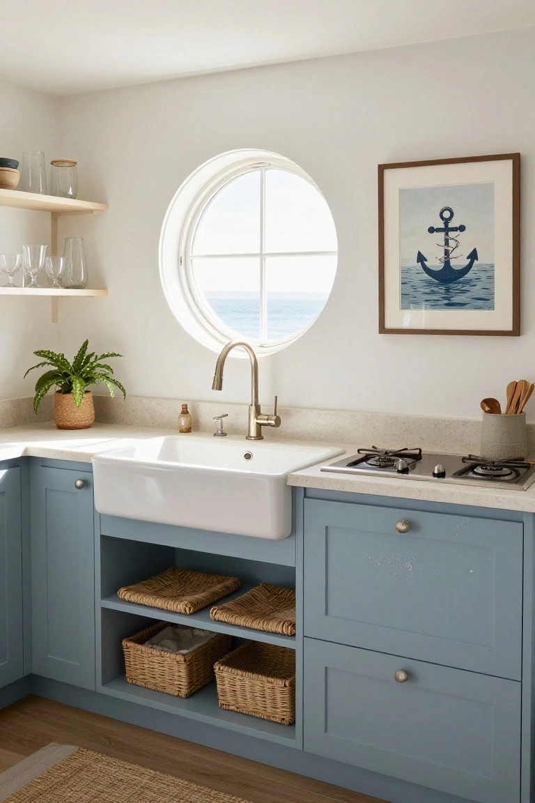 Compact corner kitchen with light blue shaker-style cabinets, large white farmhouse sink, gas cooktop on light countertops, round window overlooking ocean, nautical anchor artwork, plants, and woven baskets for storage.