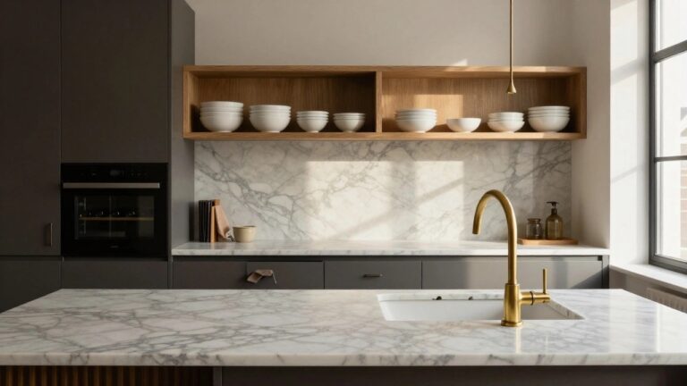 Small modern kitchen with matte black lower cabinets, white marble countertops and backsplash, gold faucets, wooden open shelves with dishes, and an induction cooktop.