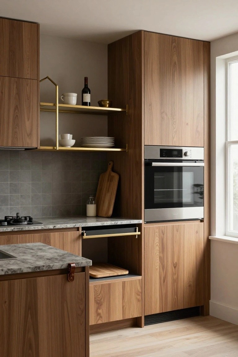 Compact modern kitchen with tall walnut cabinets on one wall, gray subway tile backsplash, gray marble countertops, gas cooktop, integrated stainless steel oven, open gold shelving, and window.