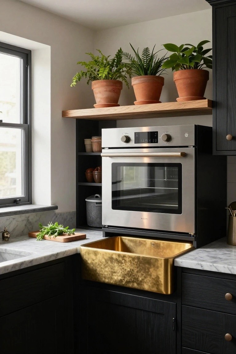 Small kitchen corner with black wood cabinets, stainless steel wall oven, hammered gold apron-front sink in marble countertop, wooden shelves holding terracotta pots with plants, and a window.