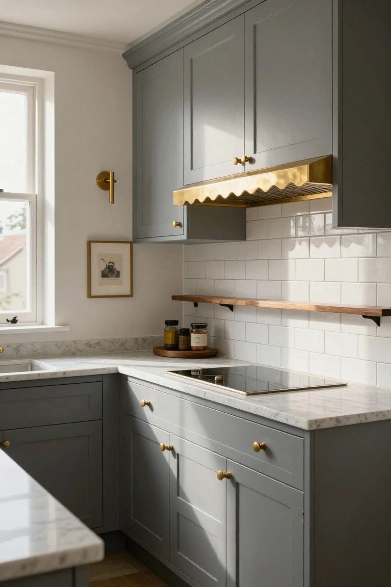 Compact corner kitchen with light gray shaker cabinets, brass knobs and range hood, white subway tile backsplash, marble countertops, marble countertops, wooden open shelf with jars, and induction cooktop.