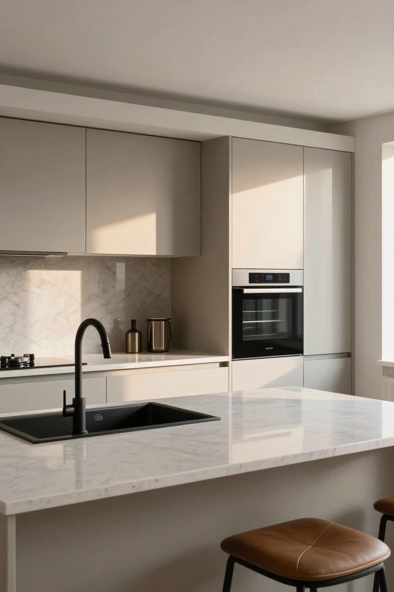 Compact modern kitchen with light greige matte cabinets, white marble countertop and island, black matte sink and gooseneck faucet, gas cooktop, built-in oven, and two tan leather bar stools.