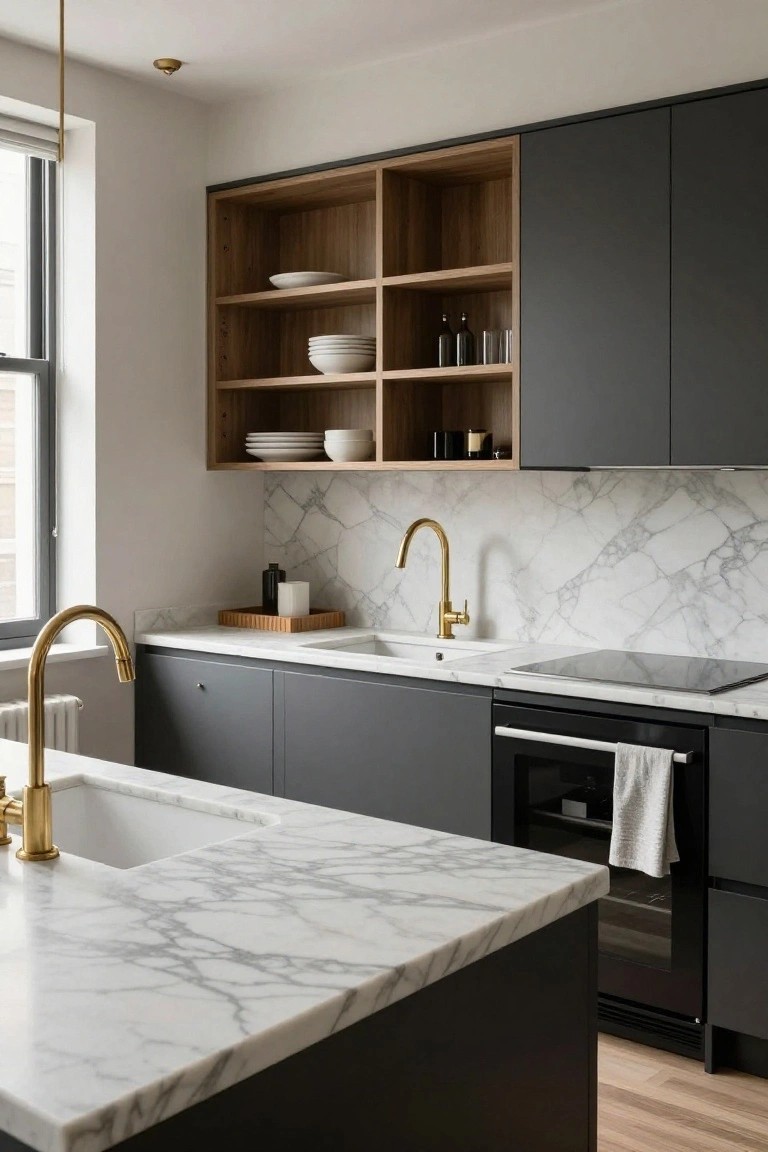 Small modern kitchen with matte black lower cabinets, white marble countertops and backsplash, gold faucets, wooden open shelves with dishes, and an induction cooktop.