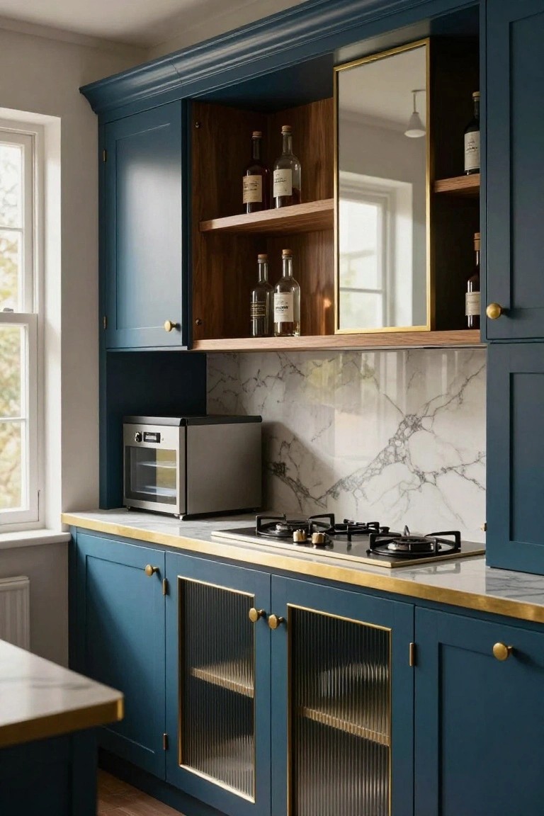 Compact kitchen interior with navy blue cabinets, brass hardware, white marble backsplash, wood open shelves holding liquor bottles, glass-fronted lower cabinets, gas cooktop, and small countertop oven.