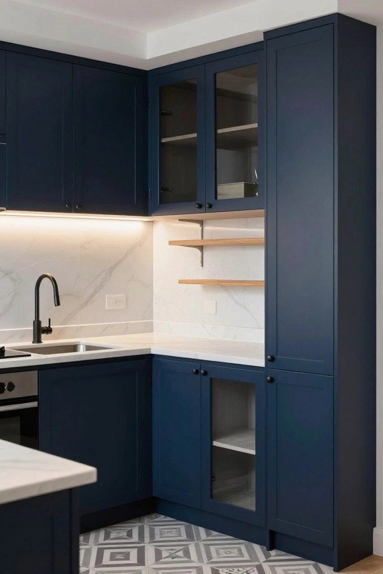 Compact L-shaped kitchen with navy blue cabinets, some with glass doors, white marble-look counters and backsplash, black gooseneck faucet, stainless sink, and geometric gray floor tiles.
