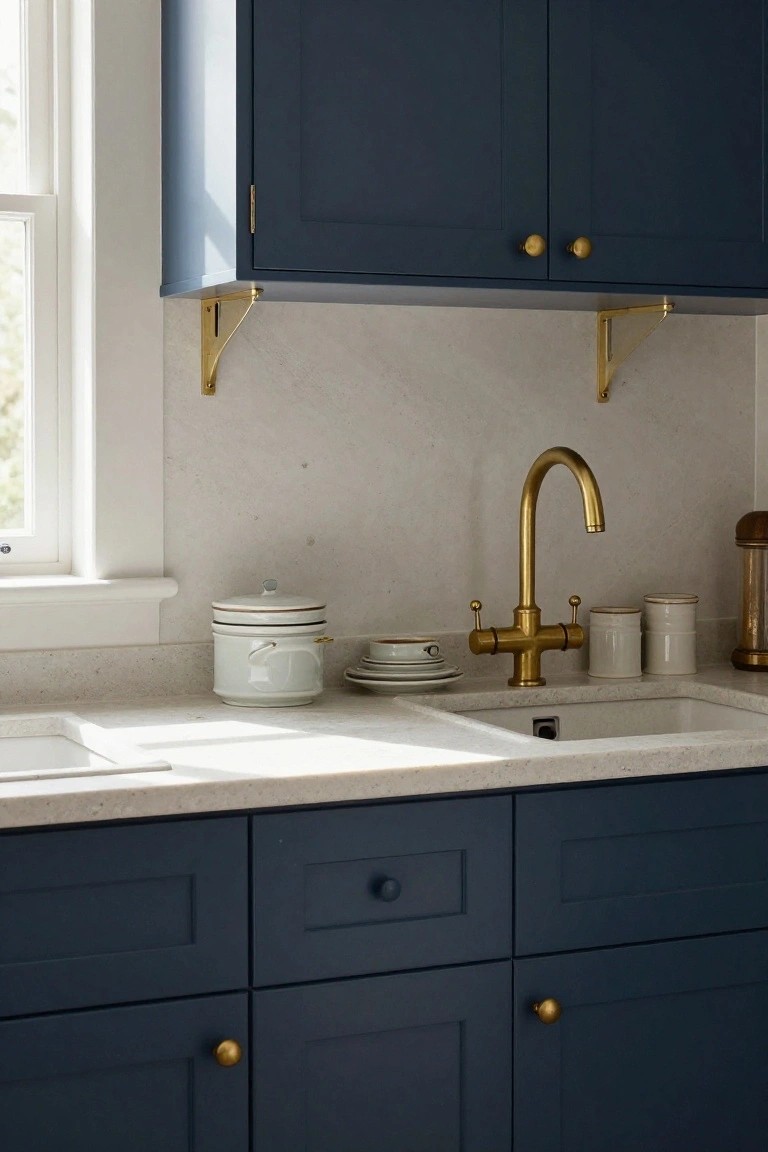 Kitchen sink area with navy blue upper and lower cabinets, gold knobs and faucet, white countertops and canisters, light gray backsplash, and window light.