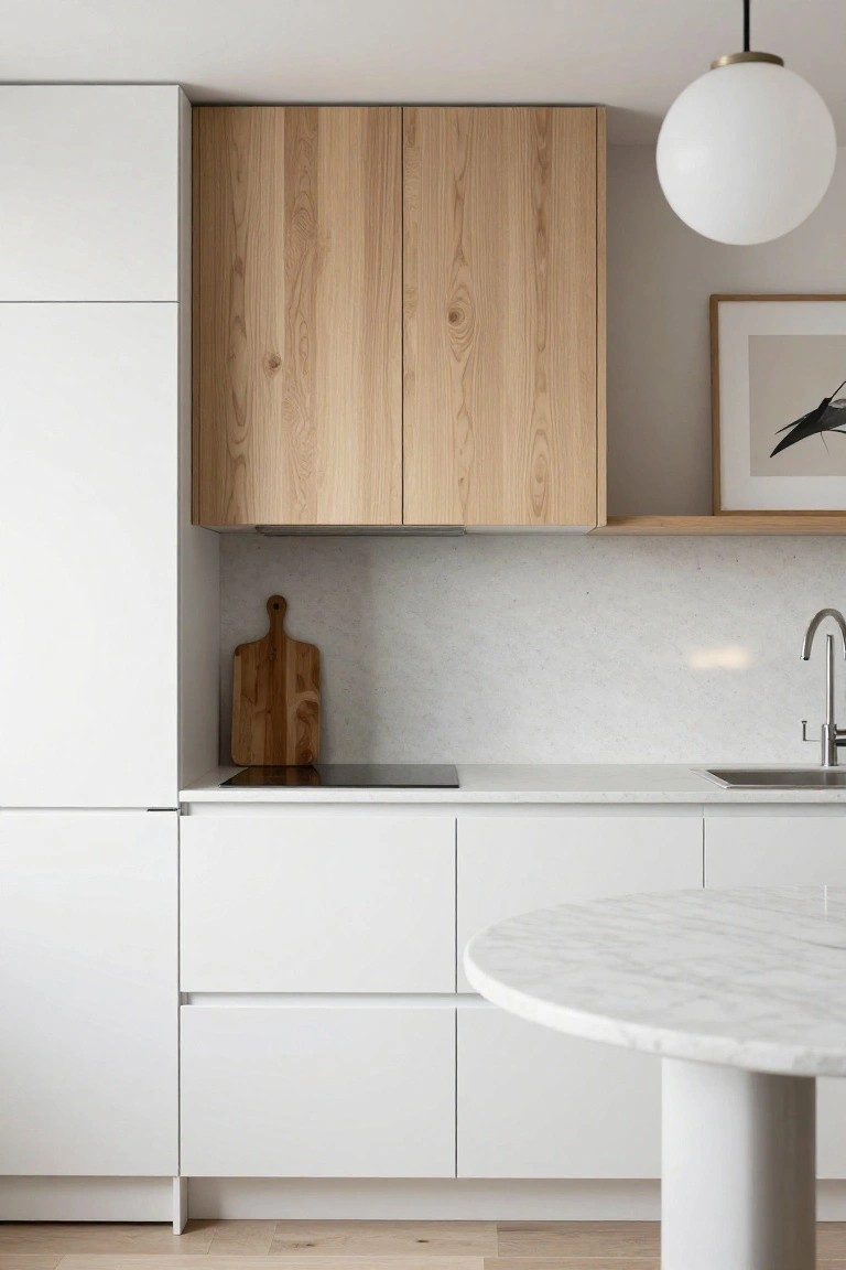 Small modern kitchen with white handleless lower cabinets, light oak upper cabinets and shelf, white marble backsplash and counters, black induction cooktop, stainless sink, wood cutting board, and round white marble pedestal table on light wood floor.