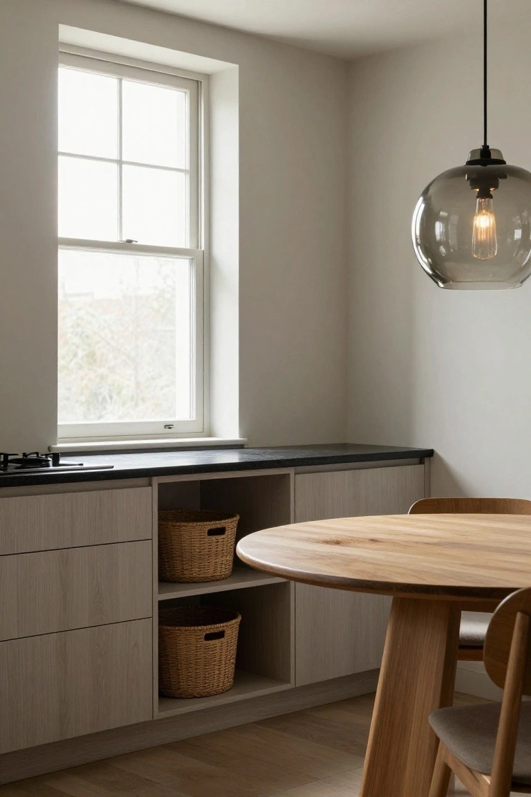 Small kitchen corner with light wood cabinets featuring open shelves holding three wicker baskets, black countertop and gas stovetop, round wooden table with two chairs, smoked glass pendant light, and large white sash window.