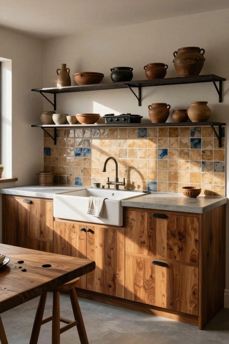 Small kitchen with knotted wooden cabinets, white farmhouse sink on concrete counters, colorful yellow and blue tiled backsplash, open metal shelves holding pottery, and a wooden stool at a table.