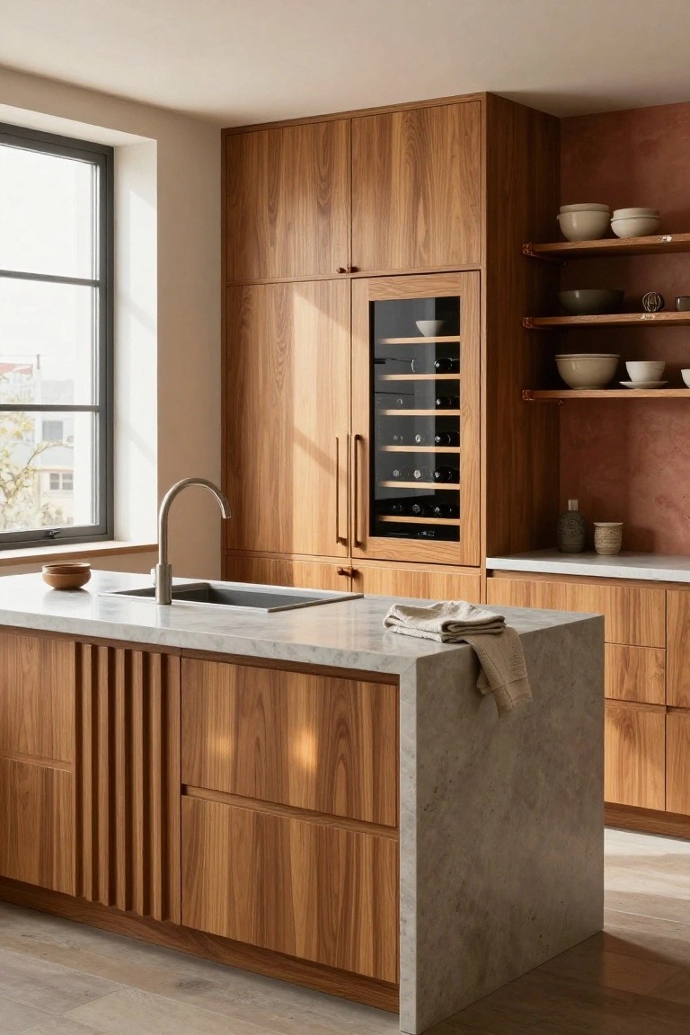 Compact modern kitchen with full-height wooden cabinets, integrated glass-door wine cooler, central island topped in white marble, matte black sink faucet, and beige bowls on counters.