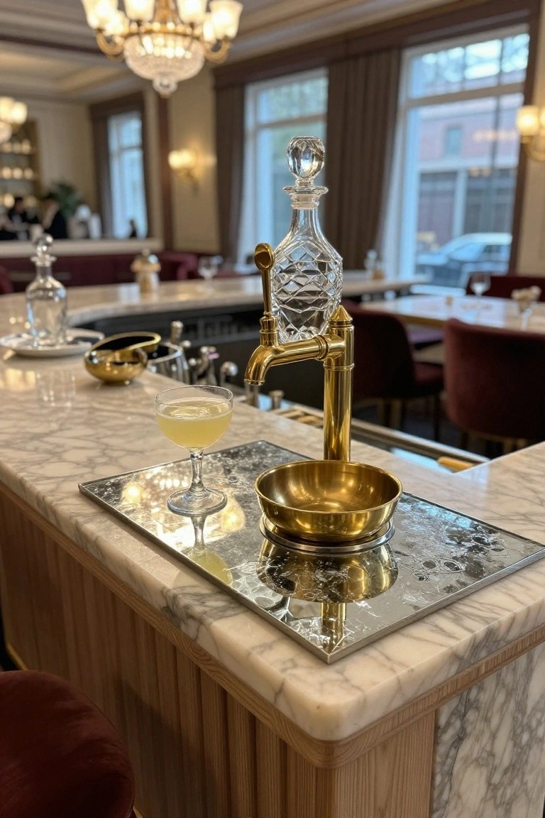 Close-up view of a home bar counter with a brass wall-mounted dispenser holding a crystal decanter, a small cocktail glass with pale yellow drink, gold bowl on a mirrored tray, marble countertop, wooden bar front, and elegant dining room interior in the background.