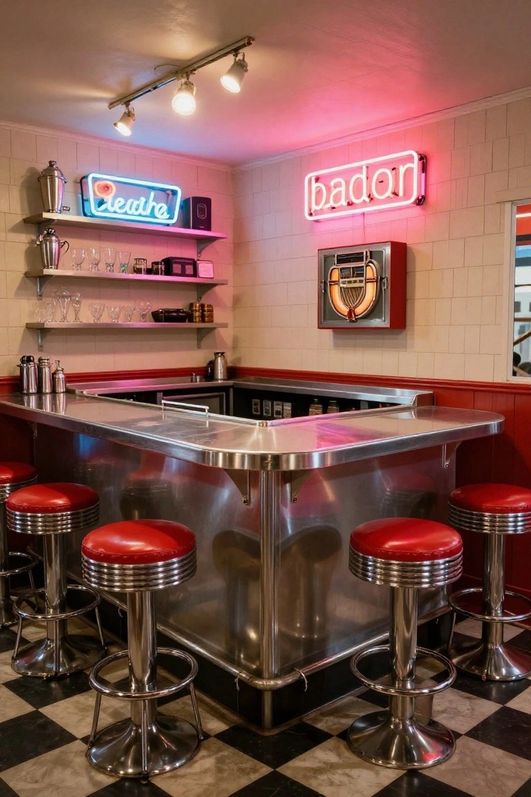 Stainless steel bar counter in a retro diner-style room with red vinyl swivel stools, neon signs reading "Bad or" and "Crepes," a jukebox cabinet, shelves with glassware, and black-and-white checkered tile floor.