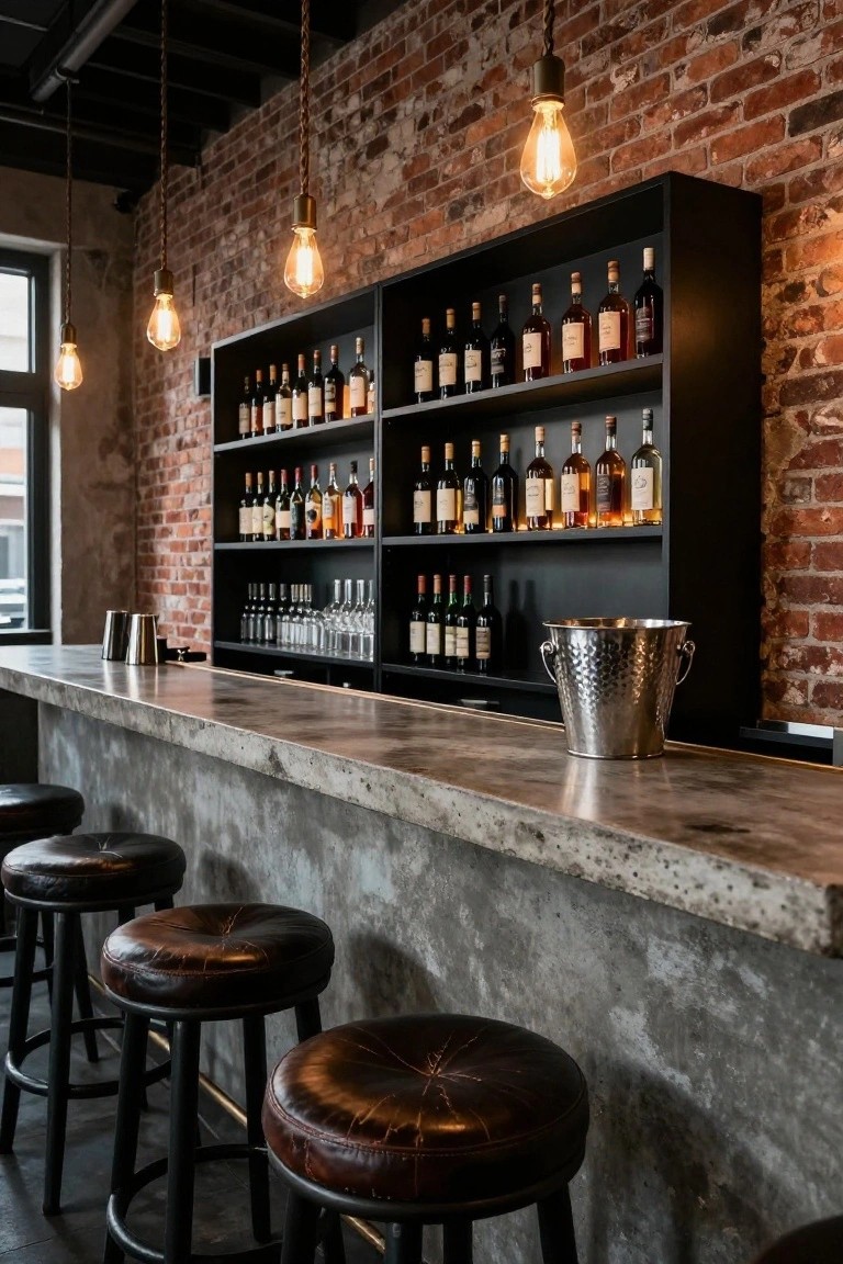 Home bar counter with gray concrete top, four brown leather bar stools, exposed red brick wall behind black wooden shelves stocked with liquor bottles, silver ice bucket, and hanging Edison bulb lights.