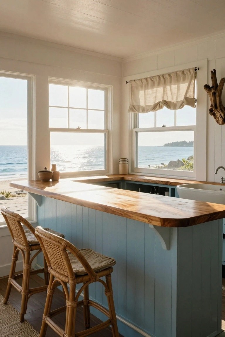 Kitchen with L-shaped bar counter topped in light teak wood on blue paneled cabinets, two rattan bar stools, pottery pieces on the counter, white farmhouse sink, and large windows overlooking ocean waves and beach.
