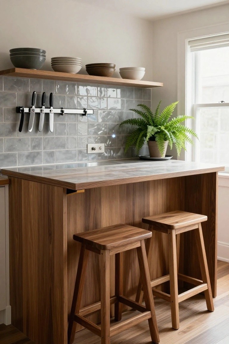 Wooden kitchen bar counter with gray veined countertop, two wooden bar stools, gray glossy subway tile backsplash holding a magnetic knife rack, open oak shelf above with stacked ceramic bowls, potted fern plant on counter, and window nearby.