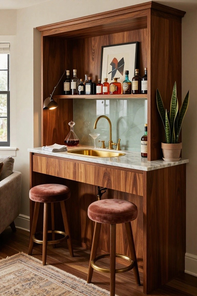 Wooden built-in bar cabinet with open shelves holding liquor bottles, gold sink on marble countertop, green glass backsplash, two pink velvet bar stools, snake plant in terracotta pot, and nearby gray sofa in a room with hardwood floor and rug.