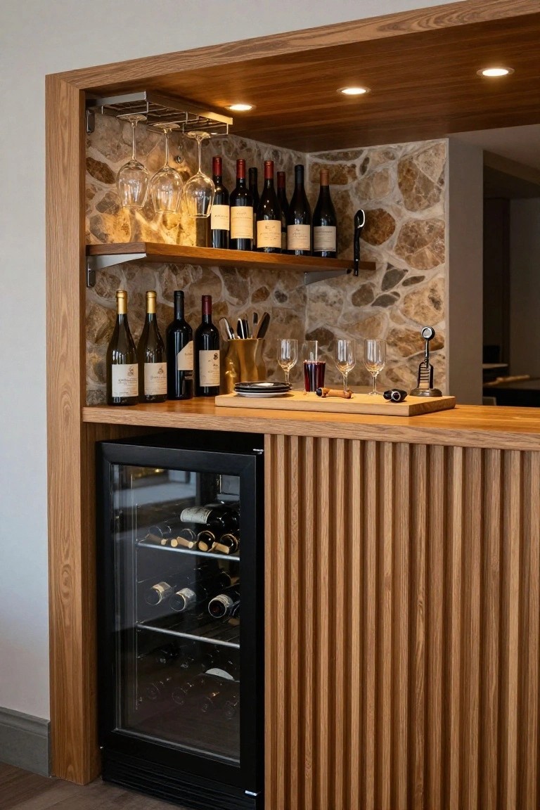 Wooden home bar counter with slatted oak lower panels enclosing a black wine fridge, open oak shelves displaying red and white wine bottles, hanging wine glasses, stone wall backdrop, and wooden top with bar tools.