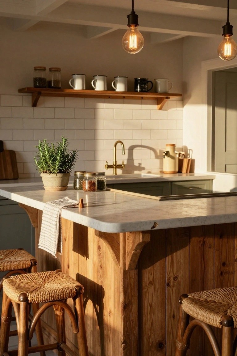Kitchen featuring a wooden-clad island counter with white marble top, rattan bar stools, brass faucet in sink, potted rosemary plant, and hanging Edison bulb lights over wooden shelves with mugs and jars.