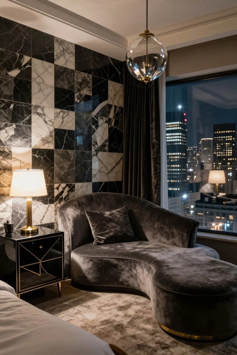 Luxurious velvet chaise lounge with marble wall and city night view.