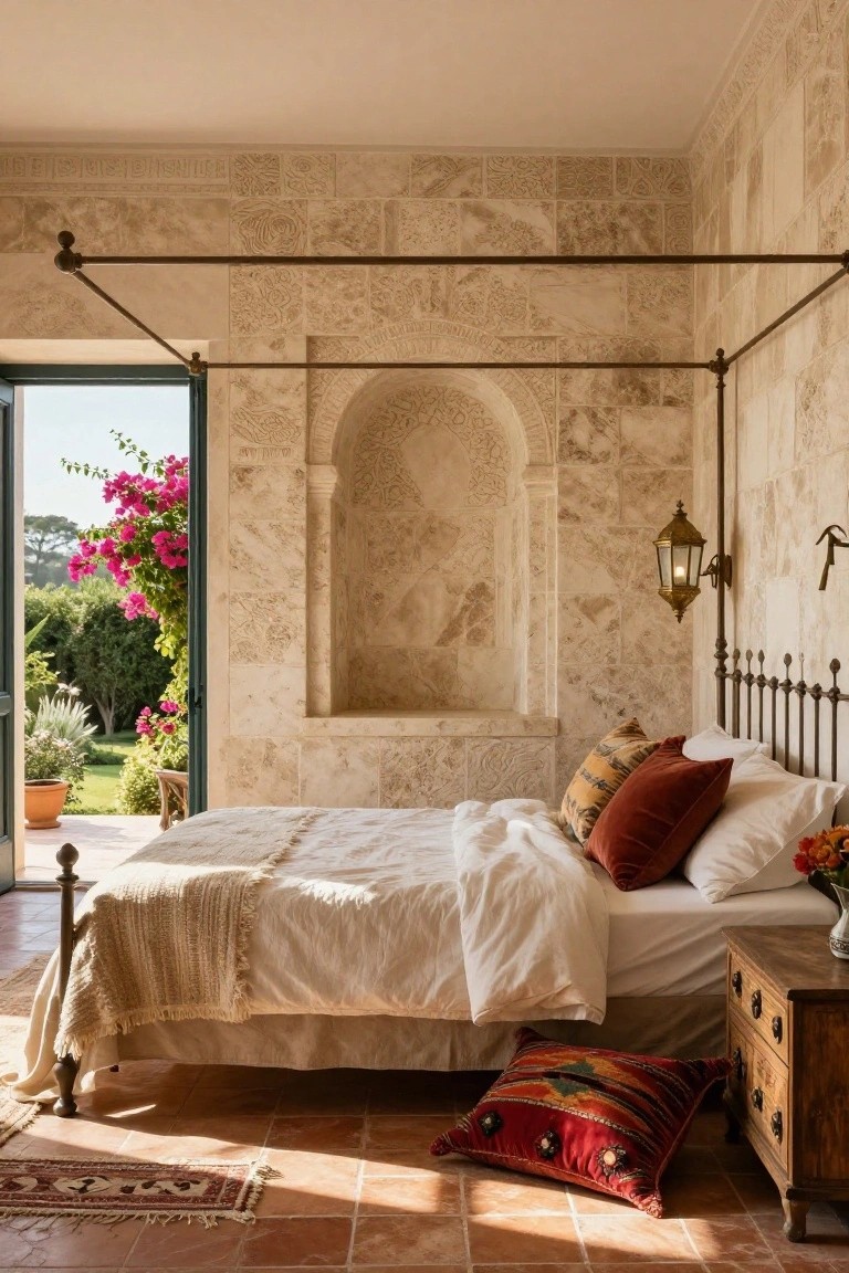 Bedroom interior with light beige carved stone walls featuring arched niche and decorative panels, four-poster iron bed with white bedding and colorful pillows, open green French doors revealing garden with pink bougainvillea, wooden nightstand, and terracotta tile floor.