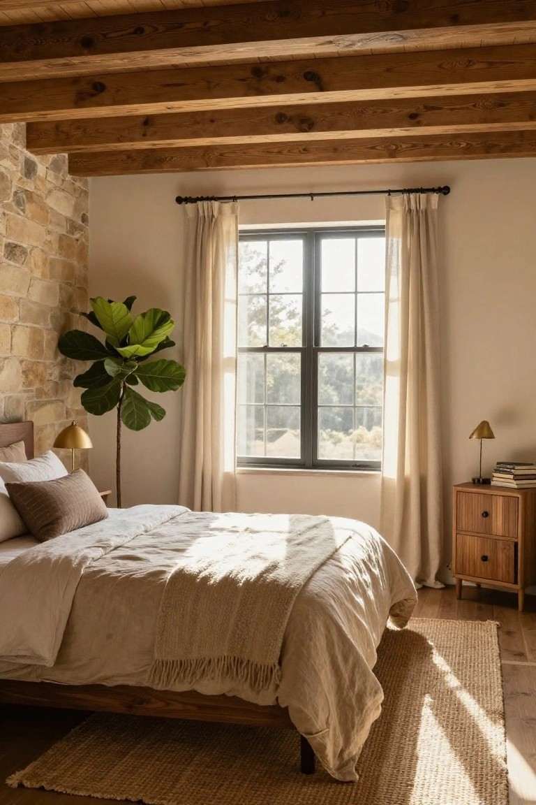 Bedroom with exposed stone accent wall, wooden beamed ceiling, large window with sheer curtains overlooking trees, wooden bed with beige linens and throw, fiddle leaf fig plant, brass floor lamp, wooden nightstand with lamp and books.