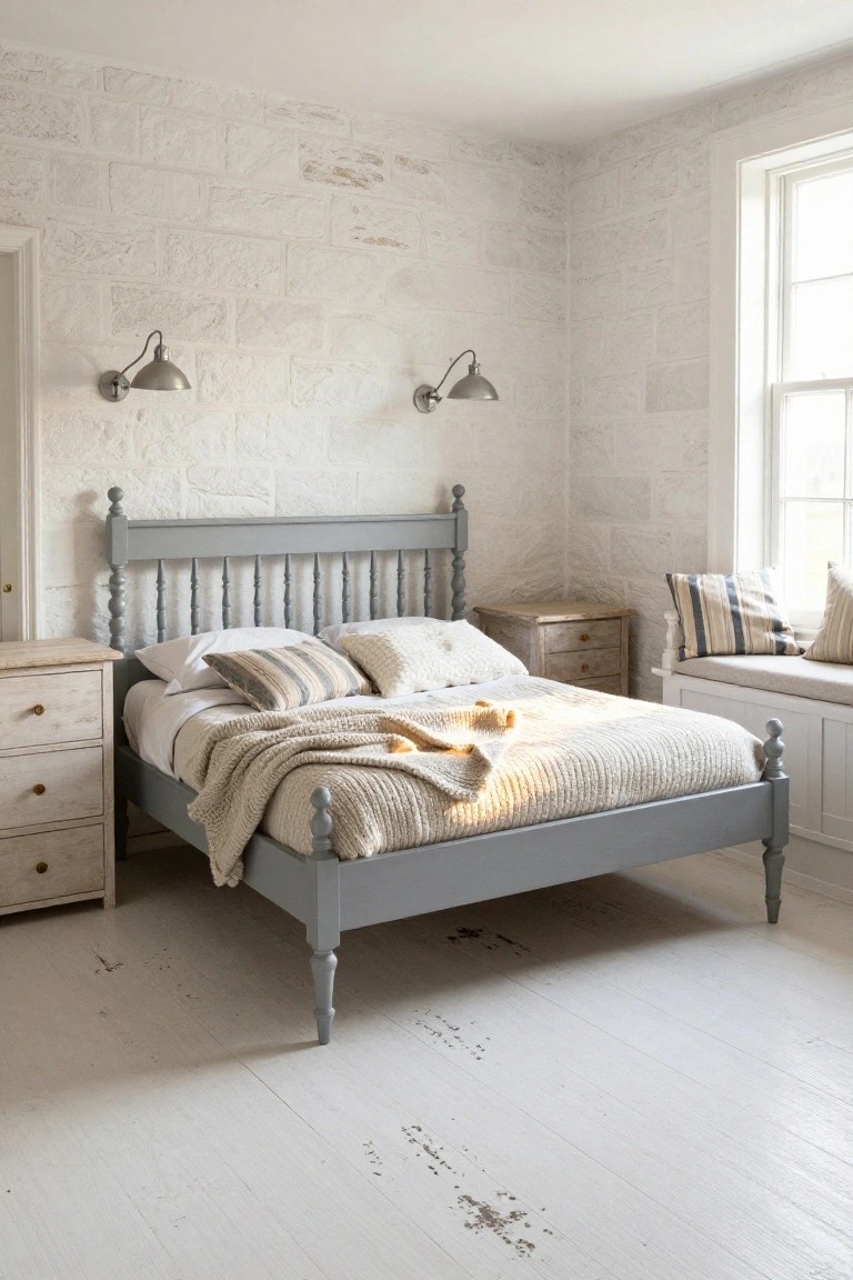A bedroom with whitewashed exposed stone walls, gray painted wooden spindle bed draped in white bedding and cream knit throw, matching nightstands, wall sconces, window seat with striped pillows, and whitewashed wood floor.