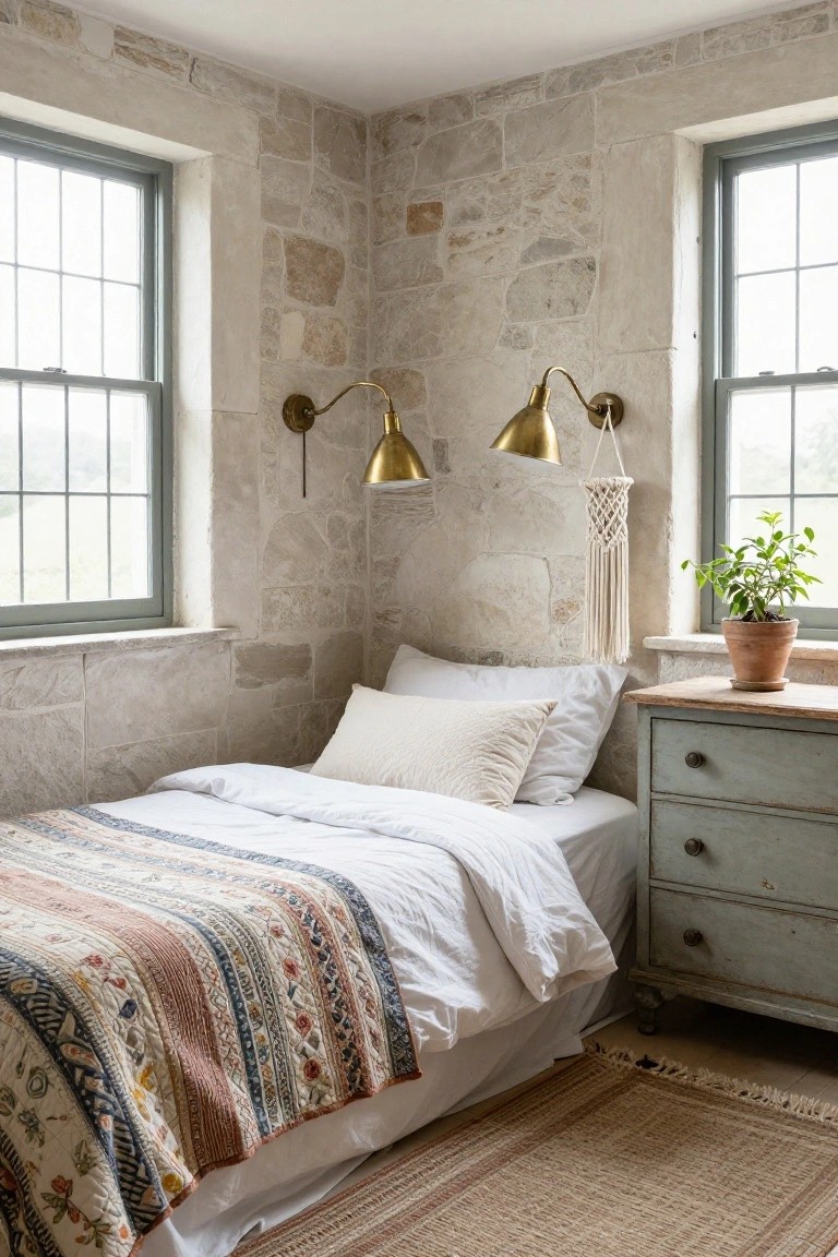Corner of a small bedroom with light beige exposed stone walls, two green-framed windows, brass wall sconces with macrame hanger, single bed with white bedding and multicolored quilt, and turquoise wood dresser with plant.