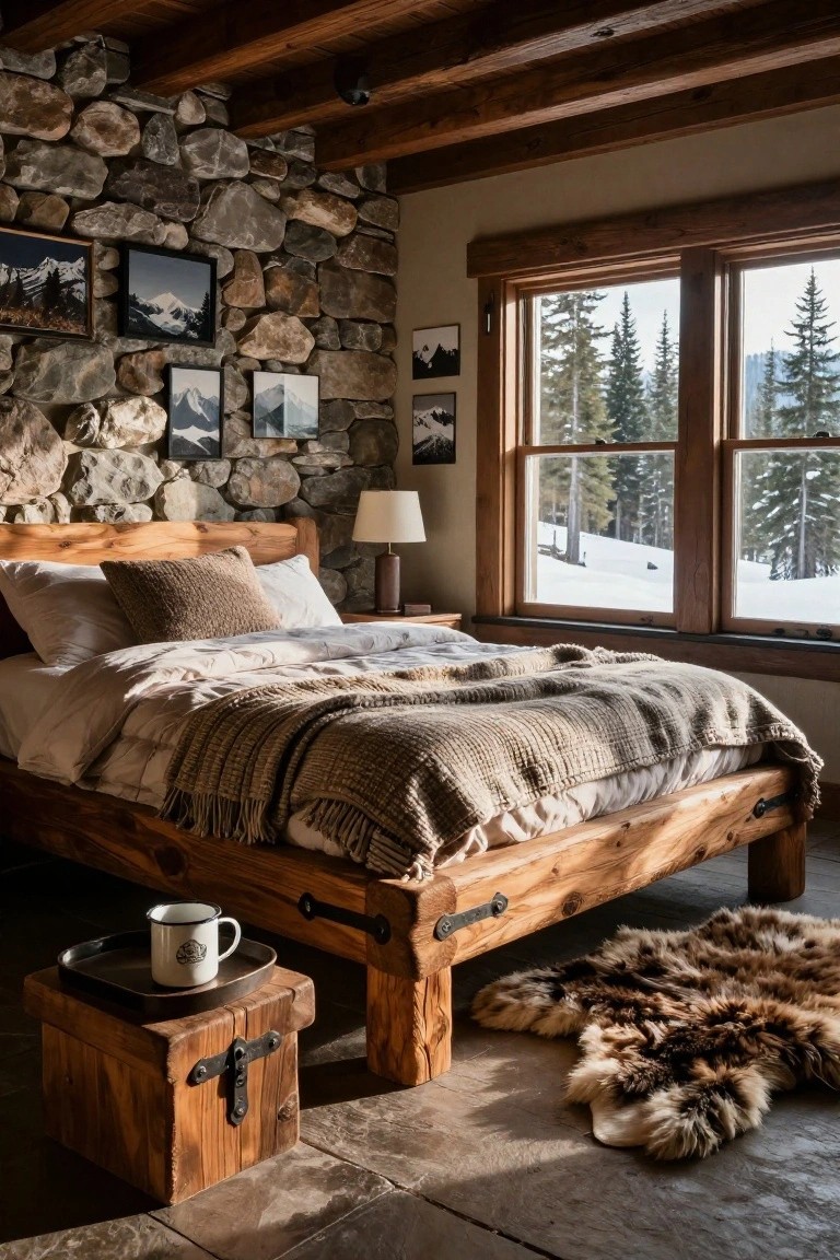 Rustic bedroom with exposed stone wall displaying framed mountain photographs, wooden bed frame piled with white sheets and knit blankets, large double windows showing snowy pine forest, wooden side table holding lamp and white mug on tray, and shaggy fur rug on stone tile floor.