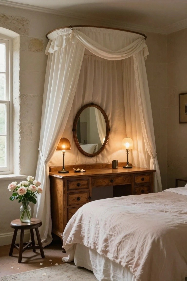 Bedroom interior with exposed stone walls, white canopy bed, wooden dresser with oval mirror flanked by two lamps, vase of pink roses on a wooden stool nearby.