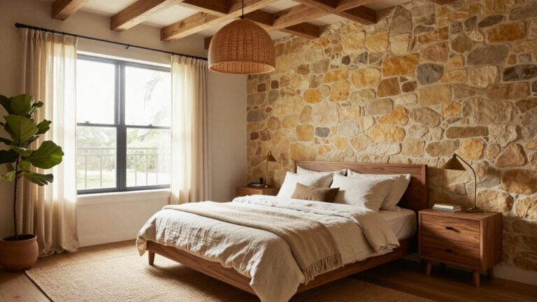 Bedroom with exposed stone accent wall, wooden beamed ceiling, large window with sheer curtains overlooking trees, wooden bed with beige linens and throw, fiddle leaf fig plant, brass floor lamp, wooden nightstand with lamp and books.