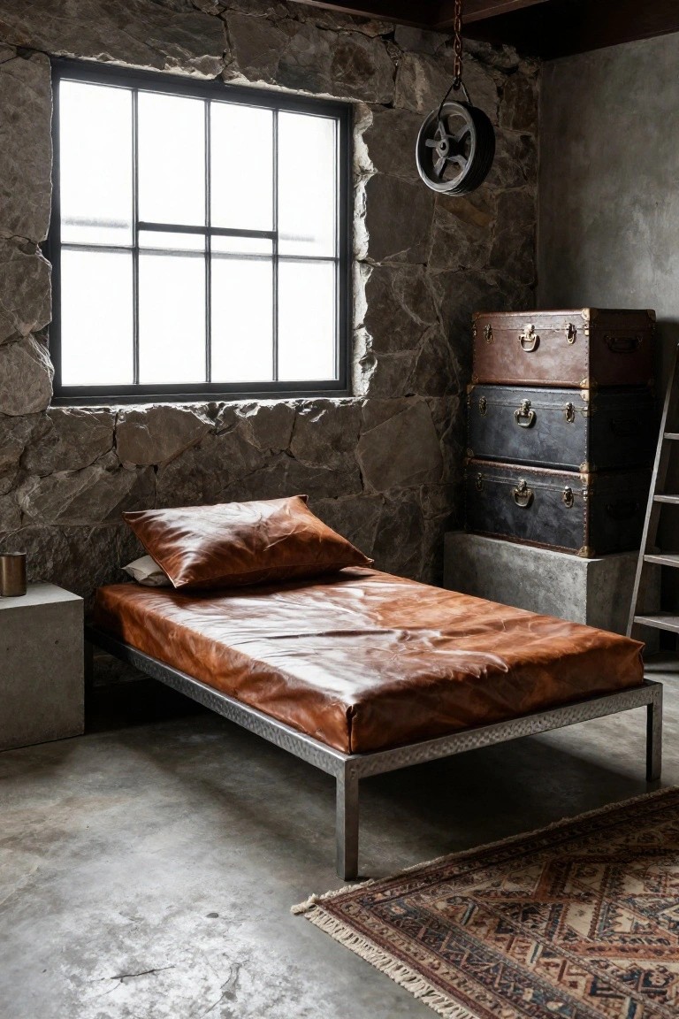 Compact bedroom with rough exposed stone walls, tan leather bed on metal frame, stacked brown and black vintage trunks, small side table, large grid window, hanging pulley wheel, ladder, and patterned rug on concrete floor.