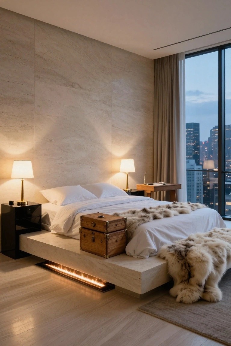 Modern bedroom with light beige textured stone wall behind low platform bed draped in white linens and fur throw, flanked by black nightstands with brass lamps, wooden chest on bed, and large window showing city skyline at dusk.