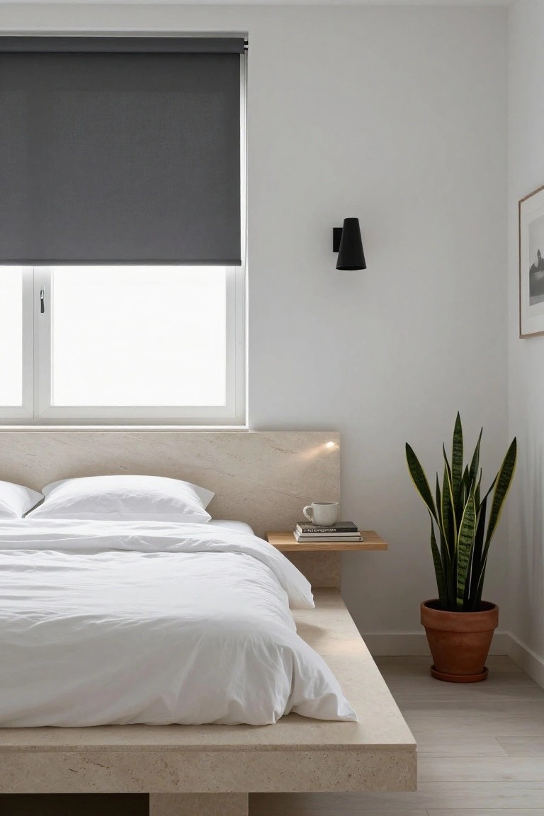 Minimalist bedroom with low beige stone platform bed and matching headboard wall, white sheets and pillows, wooden shelf holding books and white mug, tall snake plant in terracotta pot, gray roller blind on white-framed window, black cone wall lamp, white walls and light wood floor.