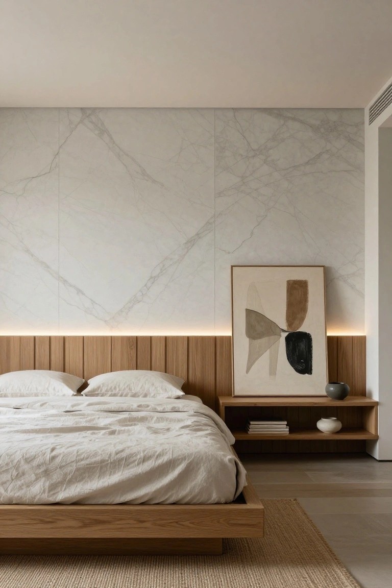 Modern bedroom with full-height light veined marble wall behind oak wood slatted headboard with bottom LED lighting, platform bed with white linens, abstract beige and brown framed artwork, bedside shelf holding books and ceramics, and seagrass rug on light floor.