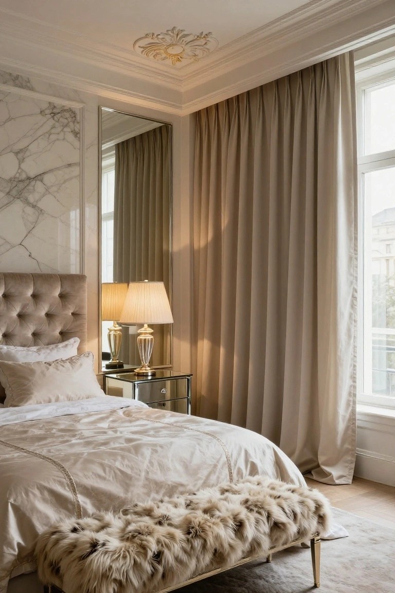 White veined marble wall panels beside a tufted beige upholstered bed, mirrored bedside table with lamp, fur bench, and beige curtains on a large window in a luxury bedroom.