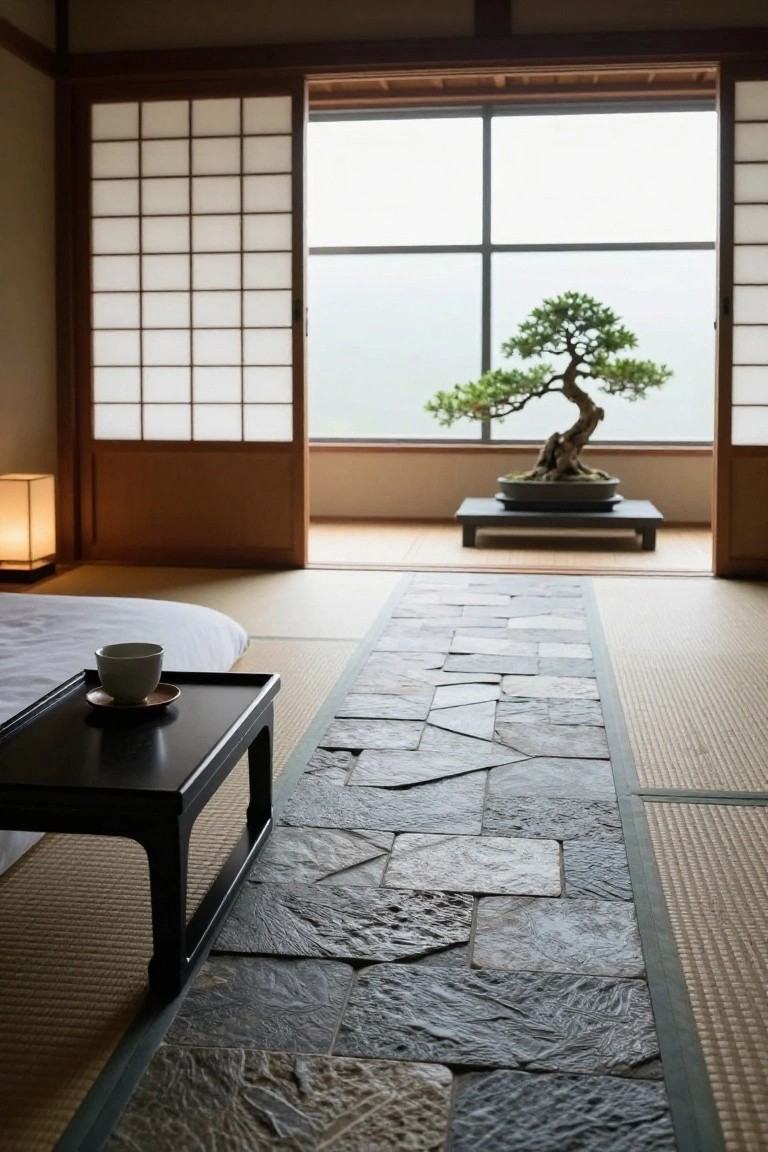 Japanese bedroom interior with white futon bed, black tray holding white teacup on saucer, central irregular gray stone pathway through tan tatami mats, shoji screens open to view of bonsai tree on wooden stand, and misty outdoor landscape beyond.