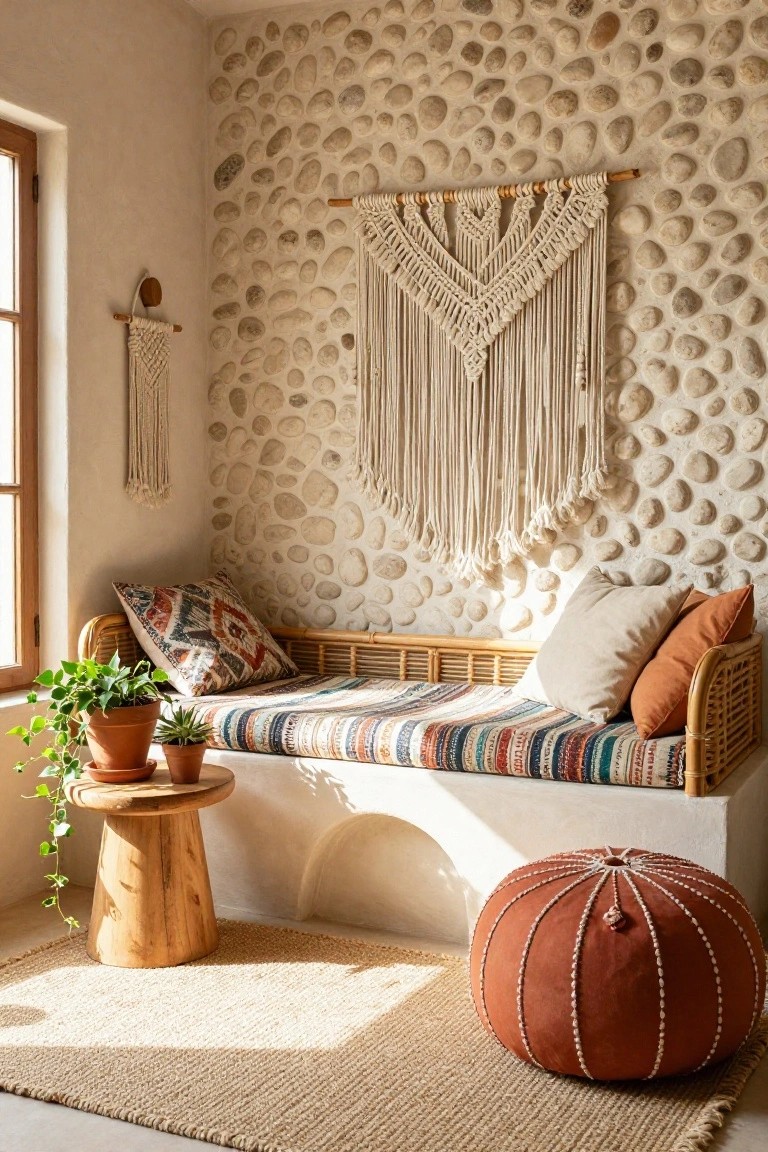 Cozy bedroom nook with beige pebble stone wall, two macrame wall hangings, rattan bench with patterned cushions and throw, potted plants on wooden stool, orange pouf stool, and seagrass rug on tiled floor.