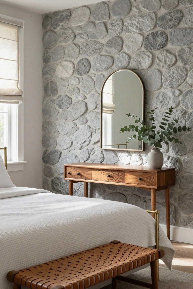 Bedroom corner featuring gray rounded pebble stone accent wall with gold arched mirror above wooden console table holding eucalyptus vase, beside white bed on brass frame and tan leather bench.
