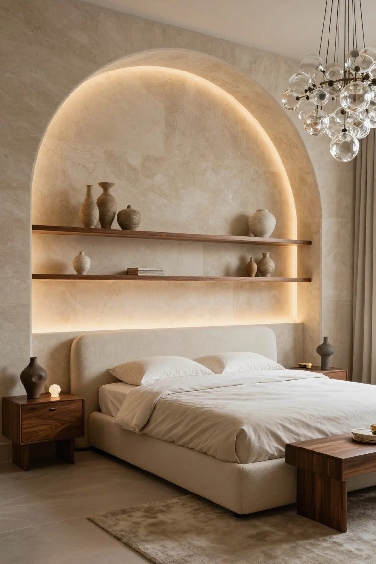 Beige bedroom with large arched textured stone wall illuminated by LED strips, wooden shelves displaying pottery, cream upholstered bed, wooden nightstands and bench, glass bubble chandelier, and neutral rug on light floor.