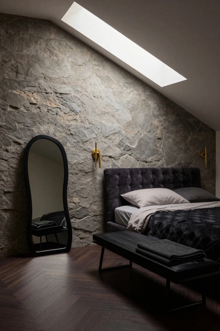 Slanted gray stone wall in a modern bedroom with black tufted upholstered bed, arched black mirror on bench, gray bedding, skylight above, and dark herringbone wood floor.