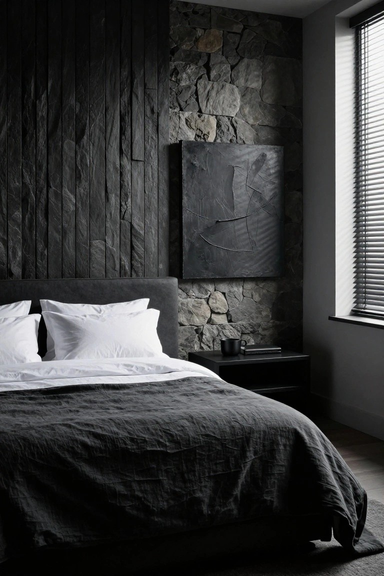 Modern bedroom with dark vertical wood paneling on one wall, rough gray stone wall behind upholstered black headboard and bed with white pillows and gray duvet, black nightstand holding mug and book, and window with horizontal blinds.