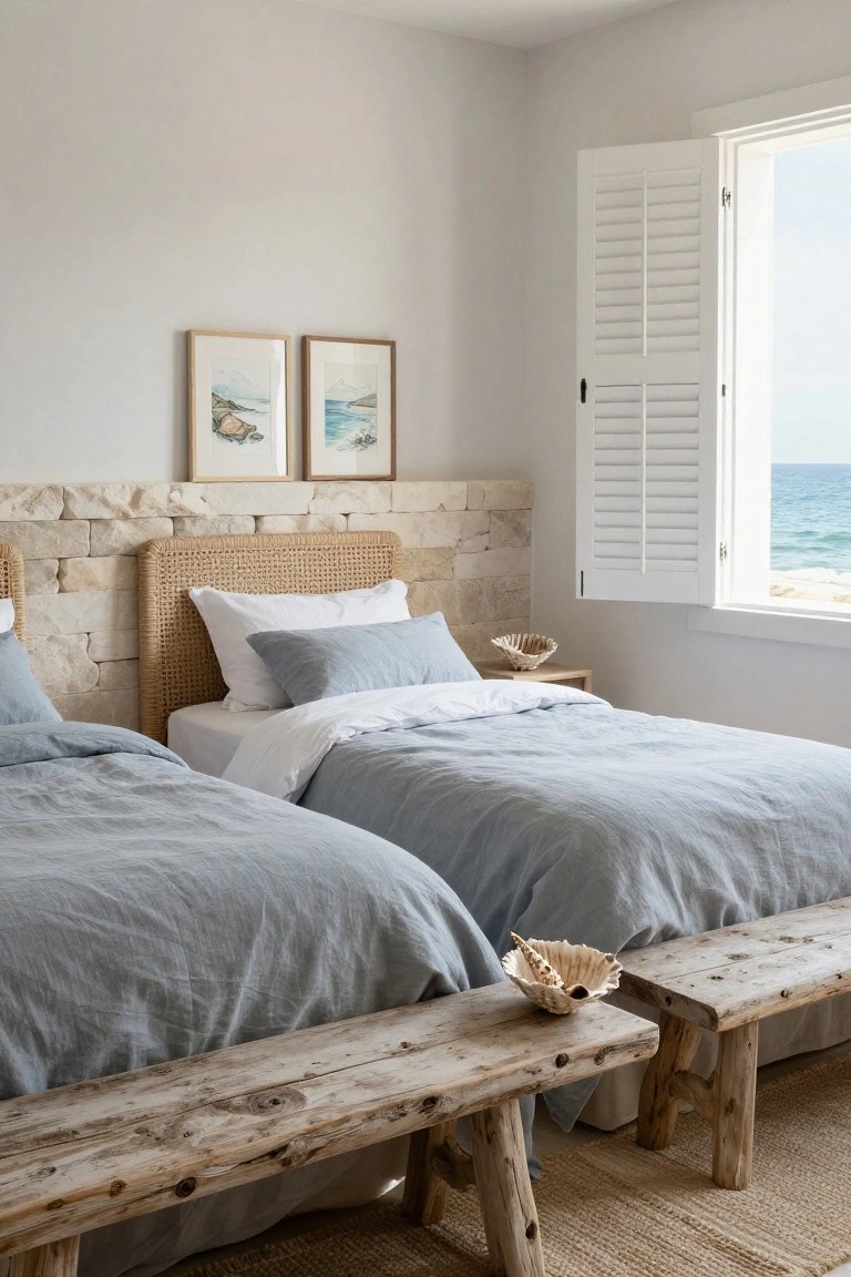Bedroom with two single beds against a textured stone wall, rattan headboards, white linens and pillows, wooden benches at bed ends with seashell accents, open white shutters to ocean view.