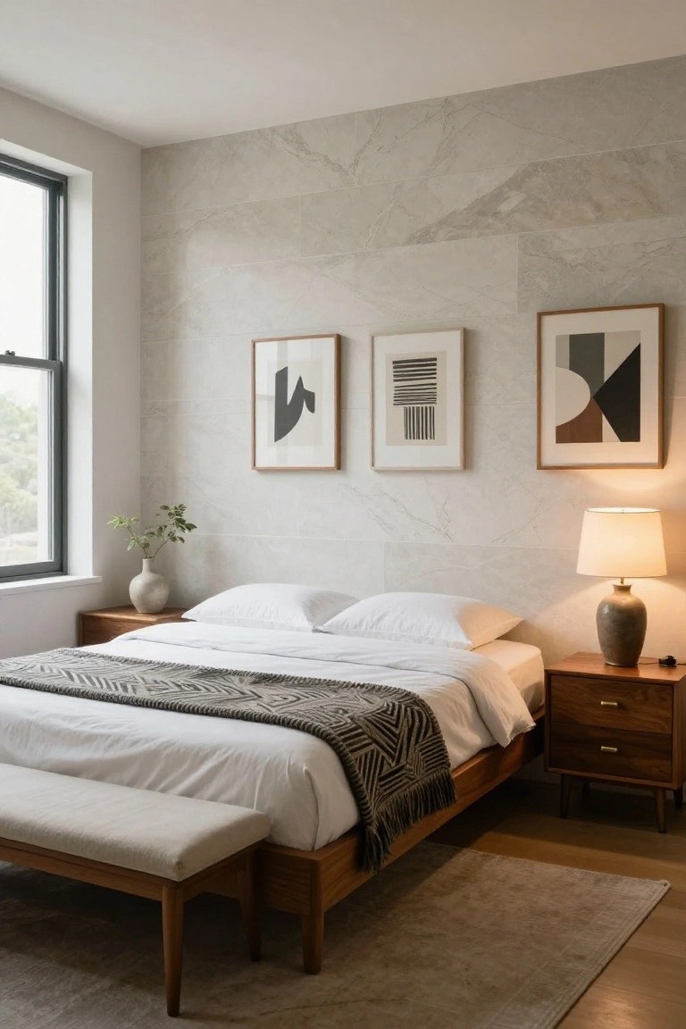 A minimalist bedroom with light gray veined stone accent wall, low wooden platform bed draped in white sheets and black zigzag throw blanket, wooden nightstand holding ceramic lamp and vase of greenery, three abstract framed prints on the wall, bench at bed foot, beside black-framed window.