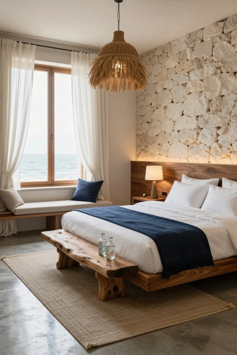Bedroom with irregular white stone accent wall behind wooden platform bed, large window with sheer curtains overlooking ocean, rattan pendant light, bedside lamp, blue throw pillows, and wooden bench at bed foot on concrete floor.